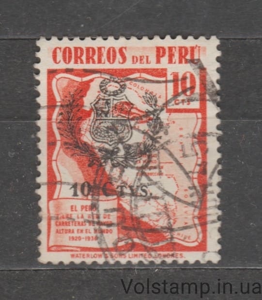 1943 Перу Марка (Карта автомагистралей Перу - с надпечаткой) Гашеная №435