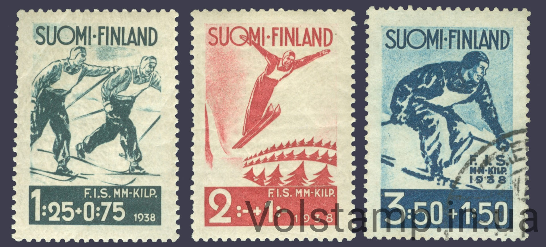 Серия марок (Международные лыжные соревнования, Лахти) MNH + гашеная 1938 Финляндия Серия марок (Международные лыжные соревнования, Лахти) MNH + гашеная №208-210