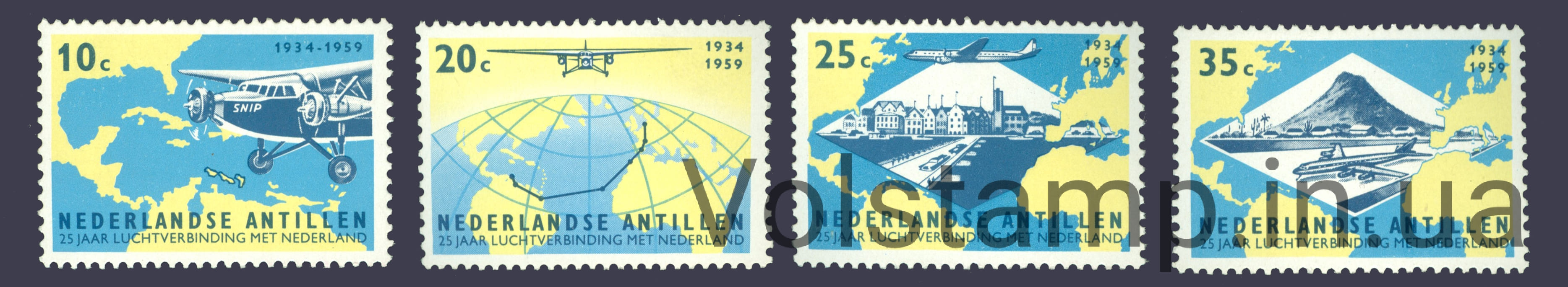 1959 Нидерландские Антильские острова Серия марок (Авиация, самолет, транспорт) MNH №102-105