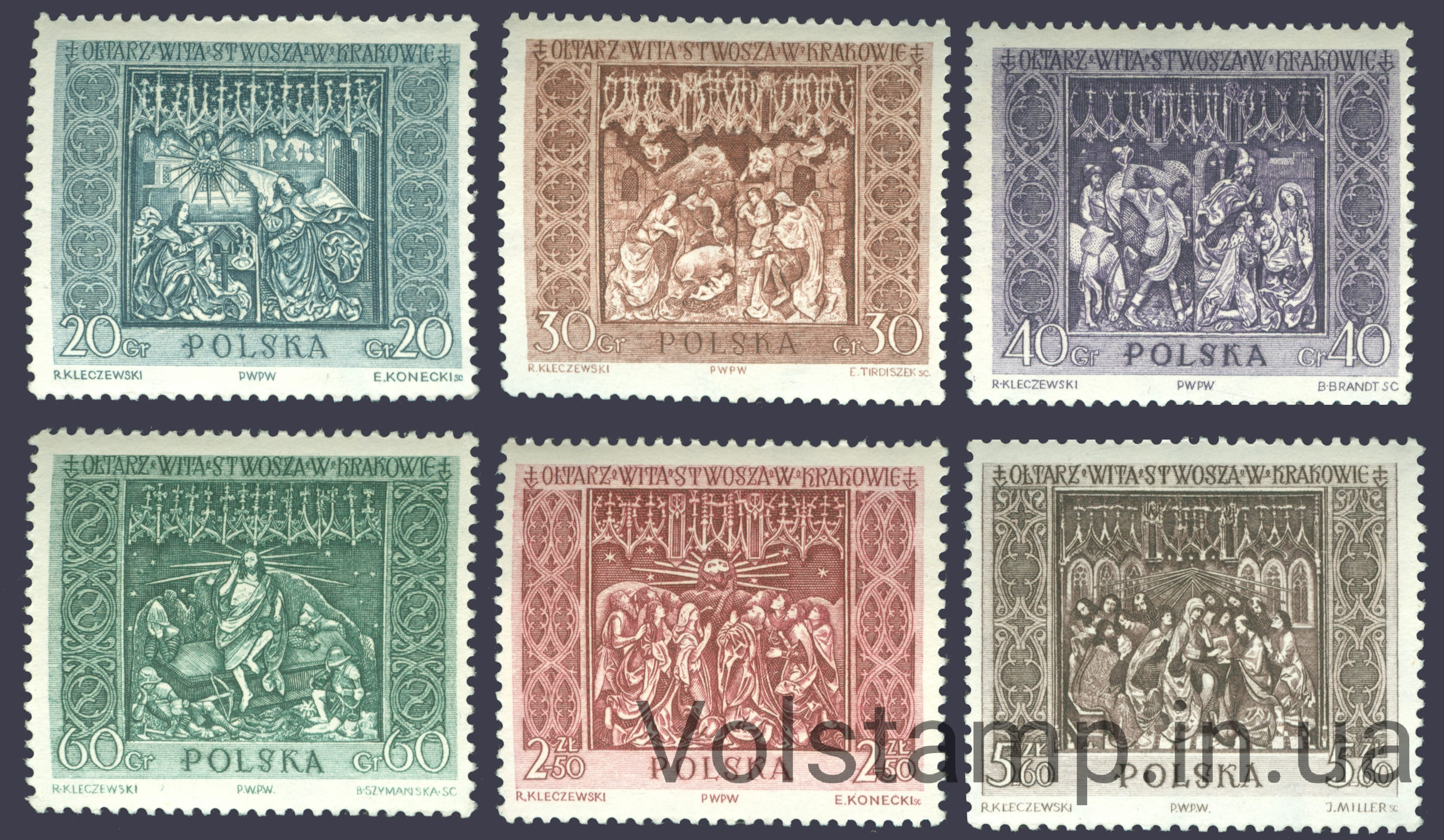 1960 Польша Серия марок (Алтарь Veit Stoss в церкви Святой Марии, Краков, Живопись) MNH №1179-1184