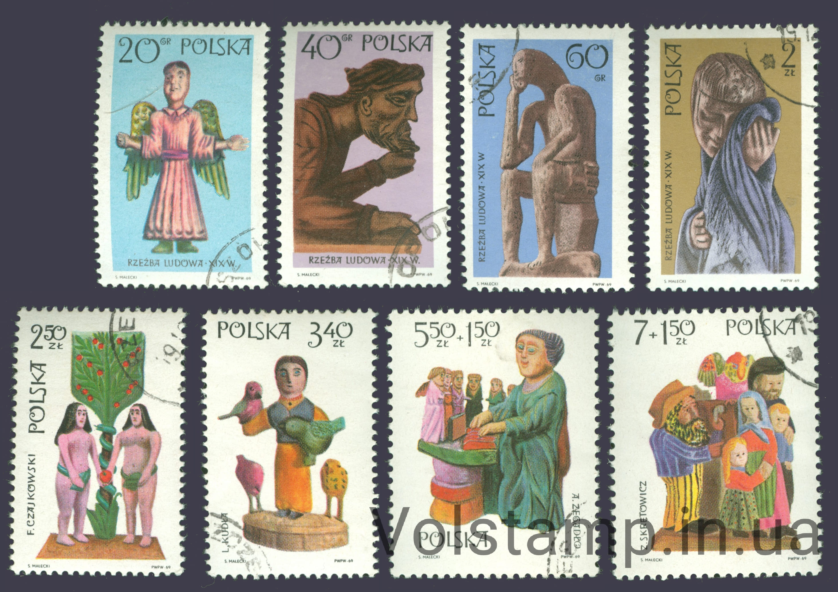 1969 Польша серия марок (популярные скульптуры) Гашеные №1971-1978
