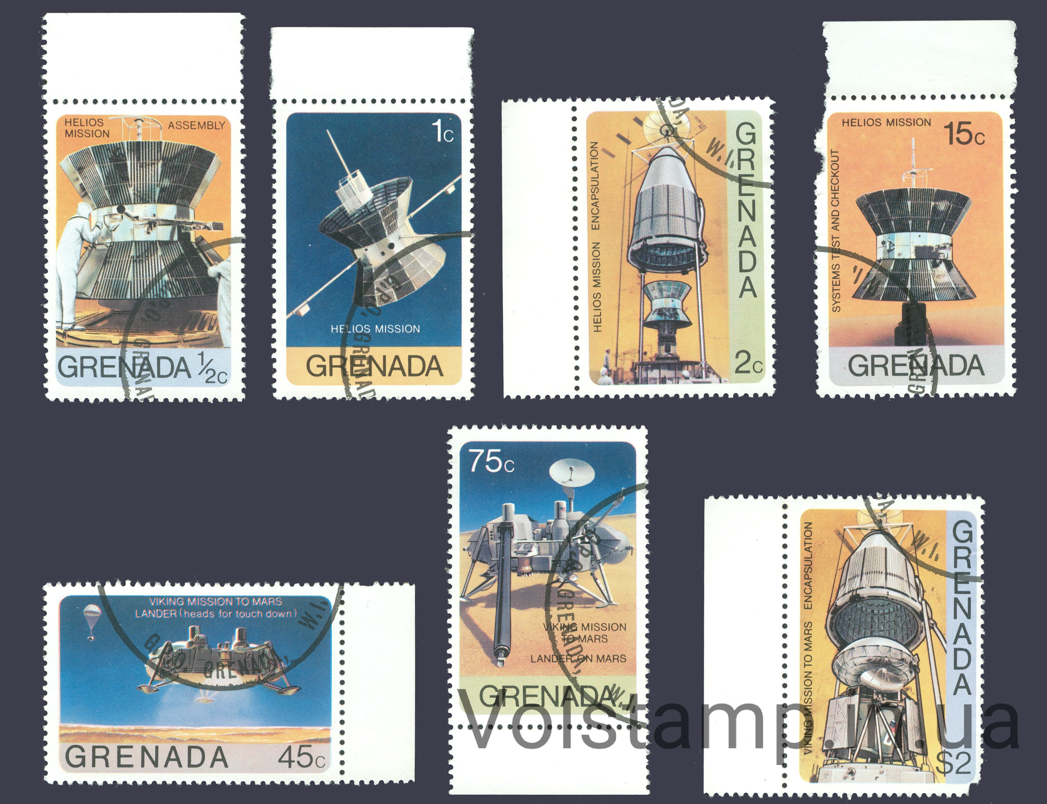 1976 Гренада Серия марок (Космос, Космическая компания Викинг Гелиос) Гашеные с дефектом №790-796