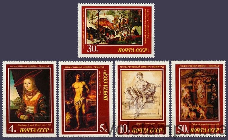 Серия марок Шедевры Государственного Эрмитажа. Европейская живопись 1987 серия марок Шедевры Государственного Эрмитажа. Европейская живопись №5769-5773