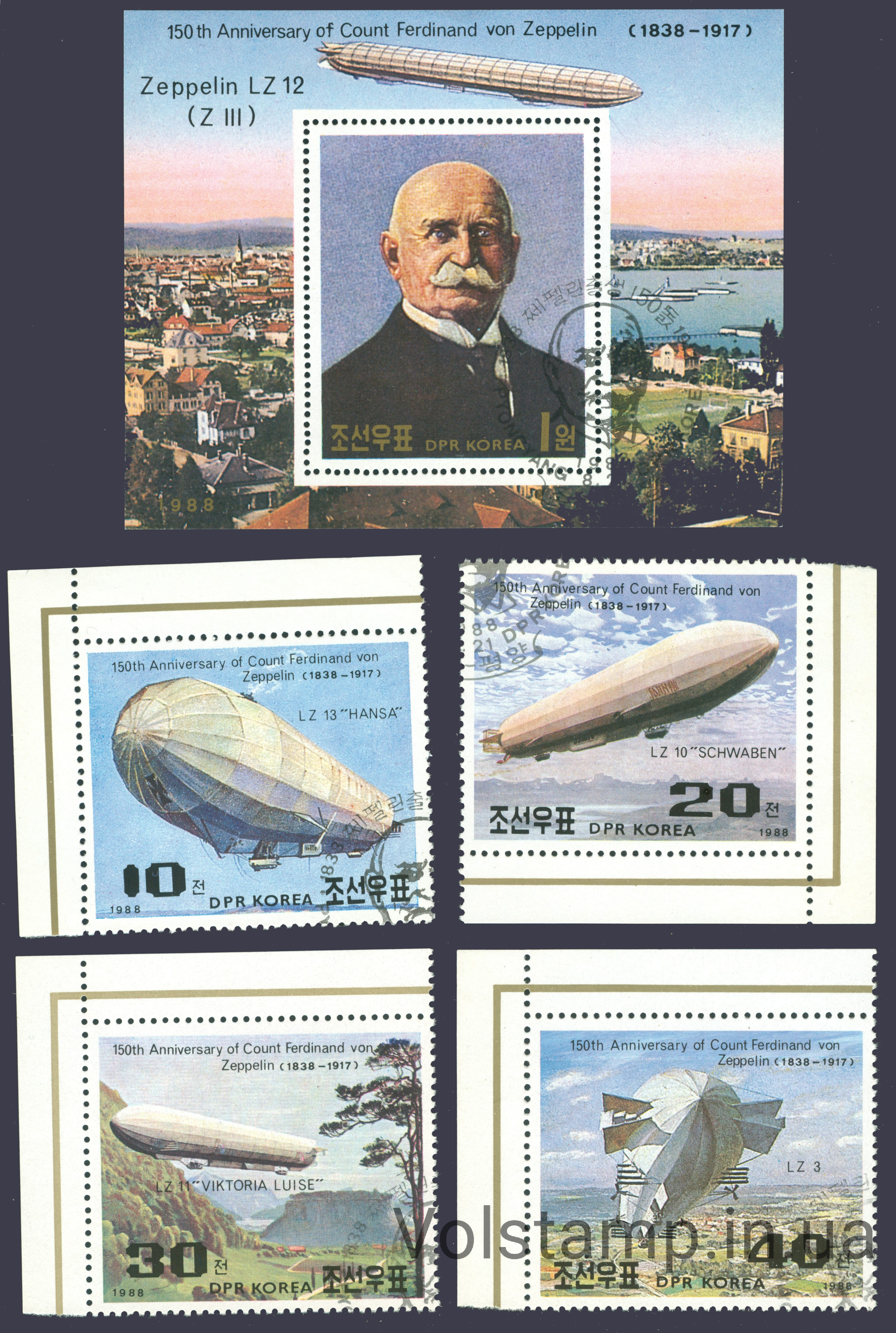 1988 Северная Корея Серия марок + блок (Авиация, Аеропланы) Гашеные №2948-2952 (Блок 237)