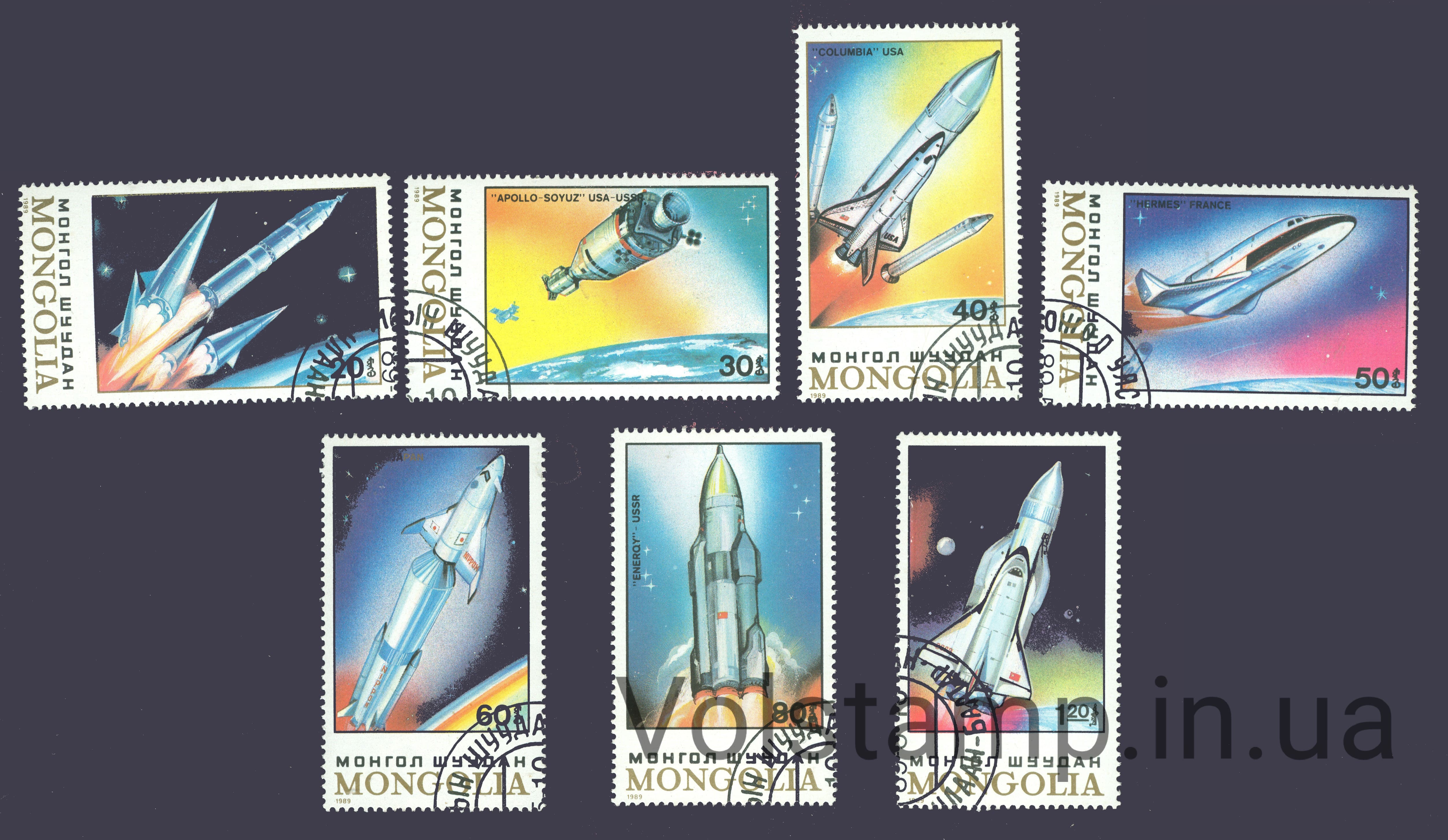 1989 Монголия Серия марок (Освоение космоса: спутники и космические аппараты) Гашеные №2040-2046