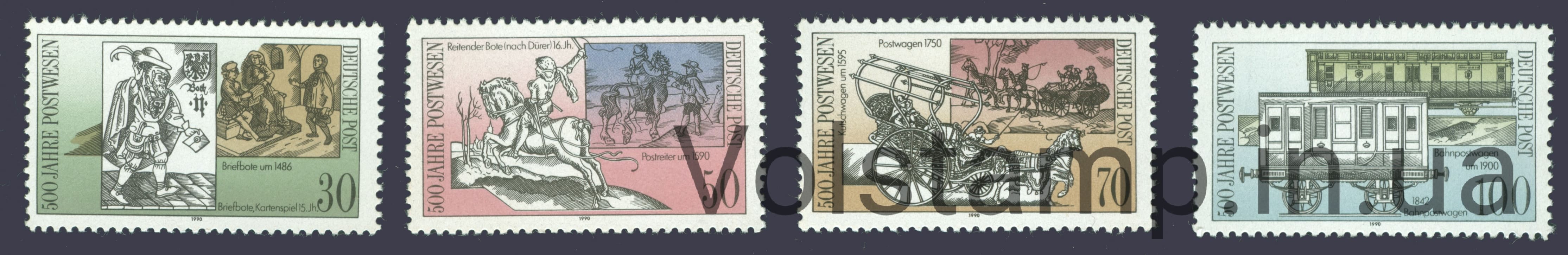 1990 ГДР Серия марок (500 лет международной почтовой службе в Европе, поезд) MNH №3354-3357