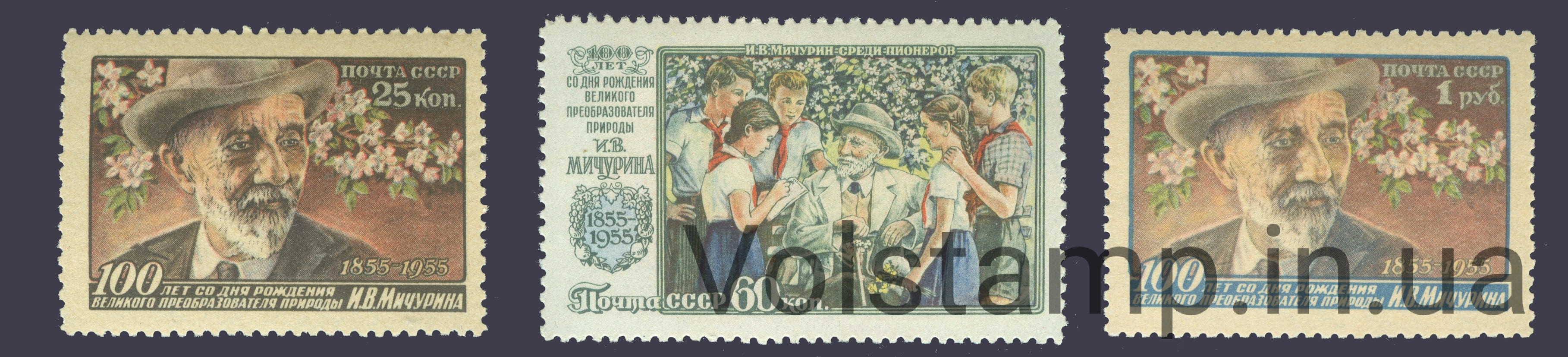 1956 серия марок 100 лет со дня рождения И. В. Мичурина (1855-1935) - MNH №1805-1807