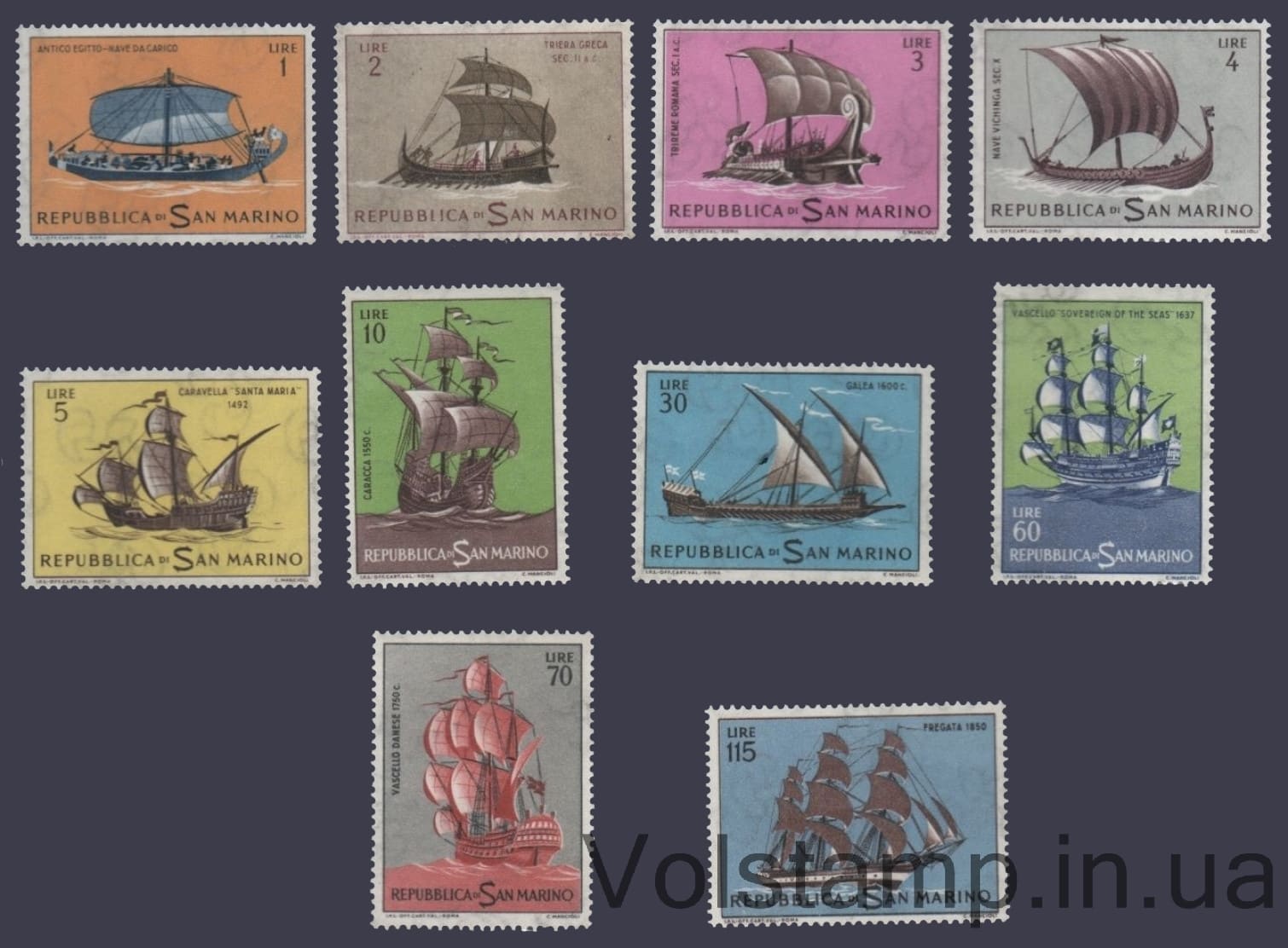 Сан-Марино Серия марок (Іисторические корабли) MNH №750-759 1963 Сан-Марино Серия марок (Іисторические корабли) MNH №750-759