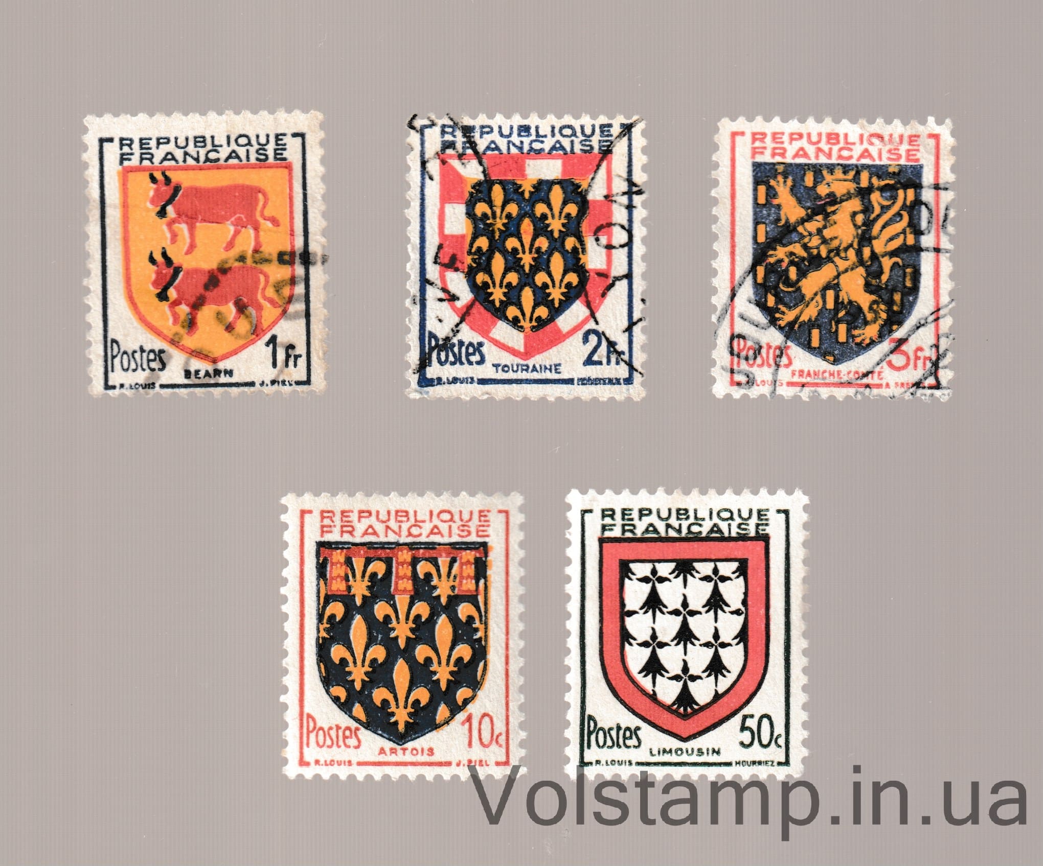 Франция Серия марок (Гербы) Гашеная №917-921 1951 Франция Серия марок (Гербы) Гашеная №917-921