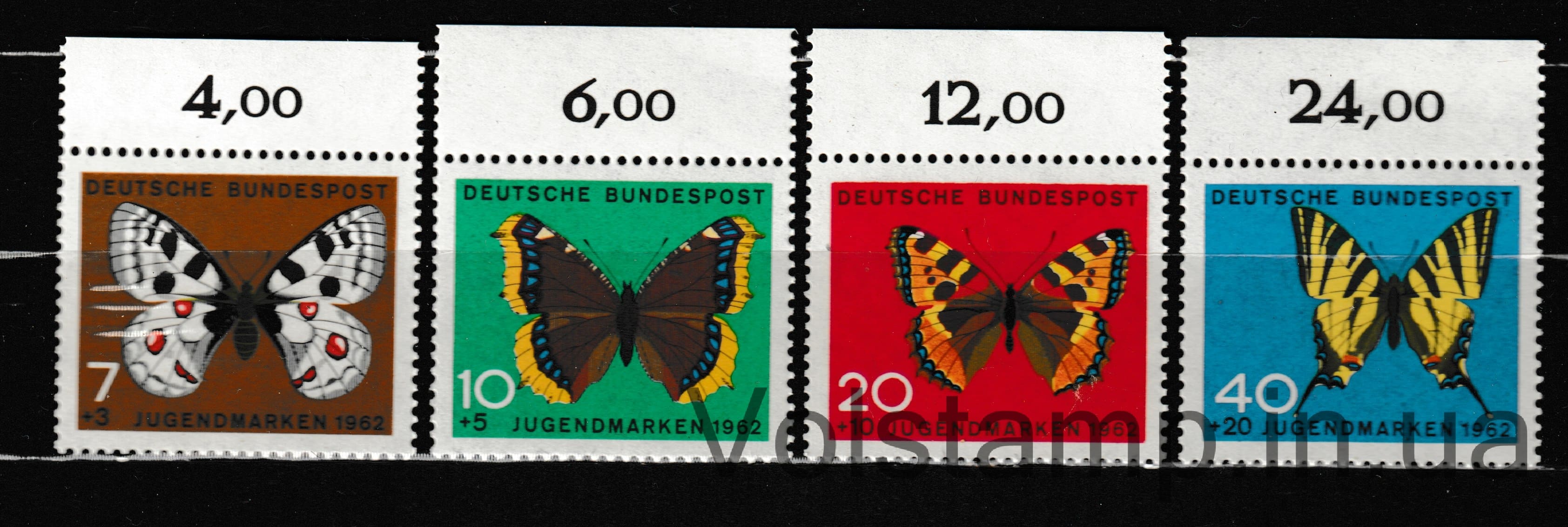Германия, Федеративная Республика Серия марок с полями (Бабочки) MNH №376-379 1962 Германия, Федеративная Республика Серия марок с полями (Бабочки) MNH №376-379