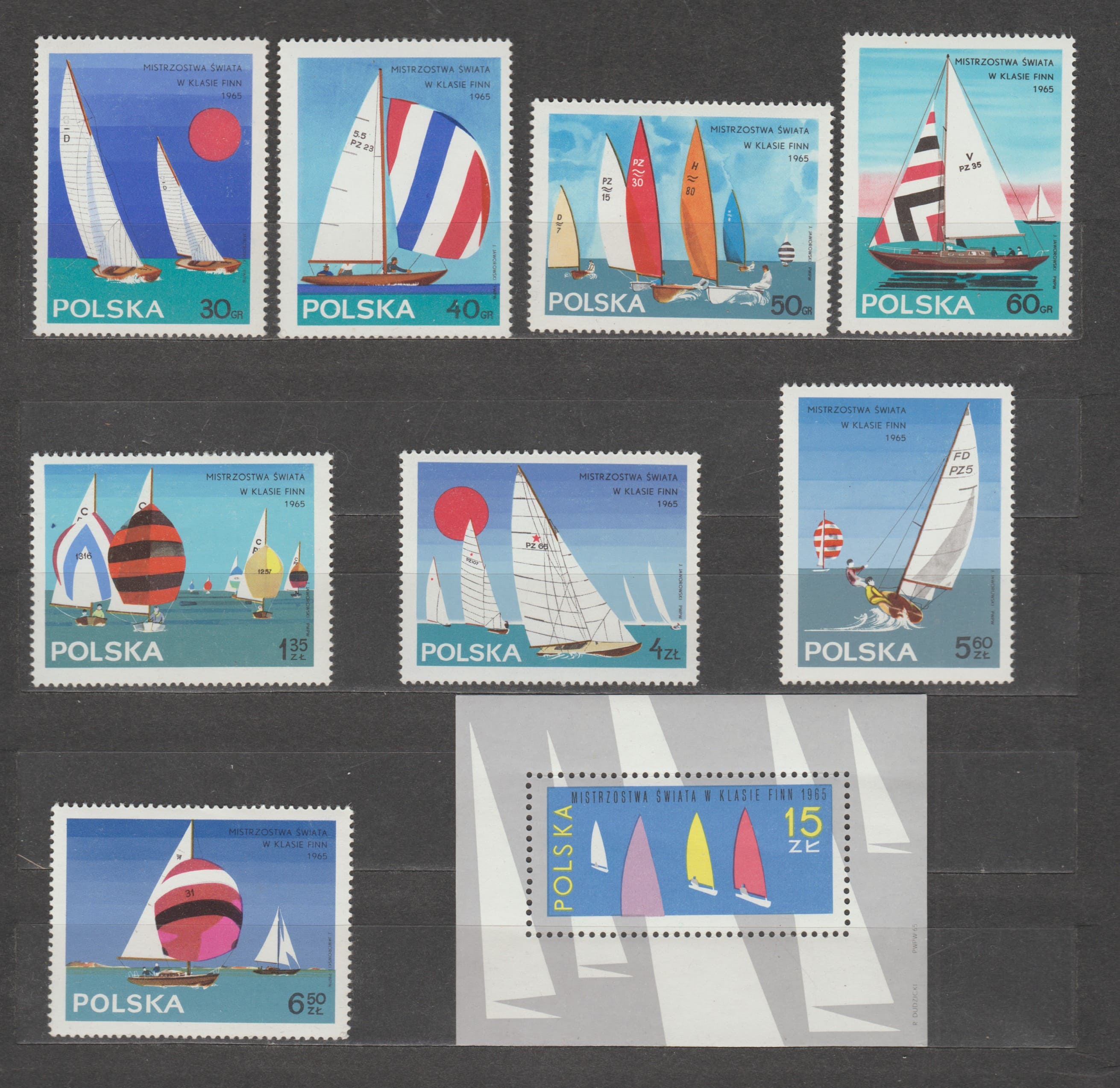 1965 Польша серия марок + блок (Транспорт, яхты) MNH №1587-1594 + БЛ36