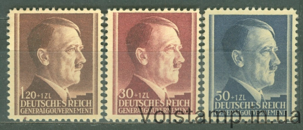 1942 Польша, Германская оккупация во ВМВ Серия марок (53 года со дня рождения Адольфа Гитлера, диктаторы) MH №89-91