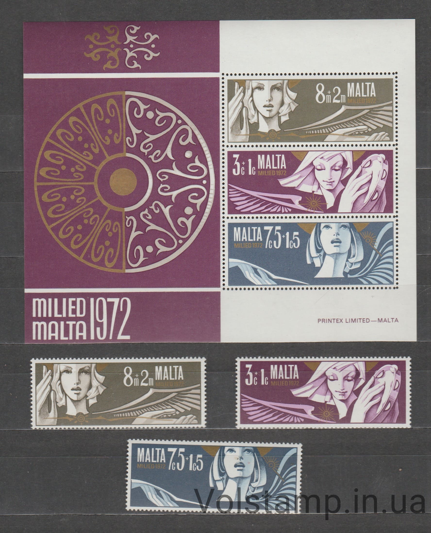 1972 Мальта Серия марок + блок (Рождество (1972): Ангелы) MNH №454-456 + БЛ2