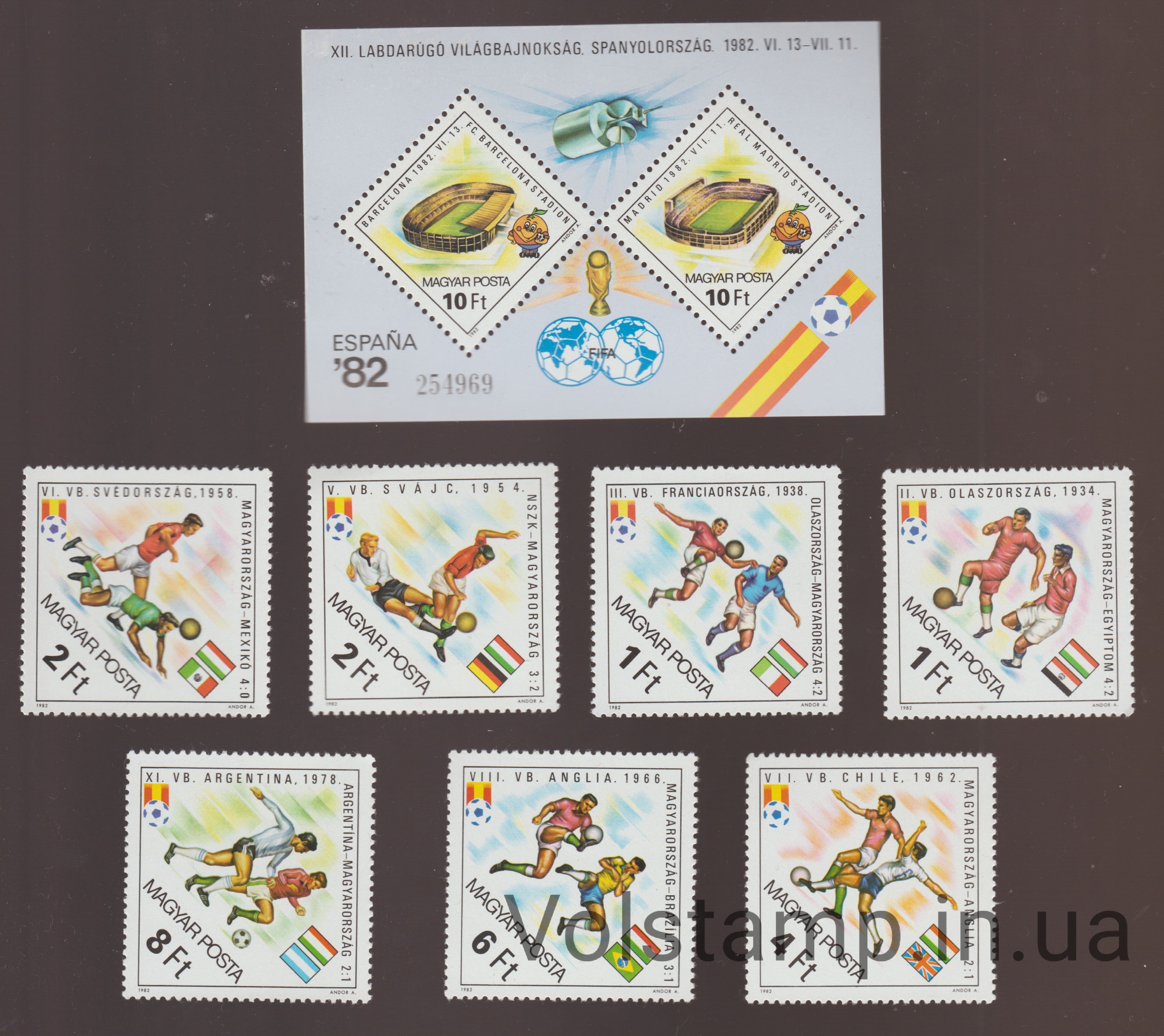 1982 Hungary Series of stamps + Block (FIFA World Cup Spain) MNH №3538-3544 + BL155