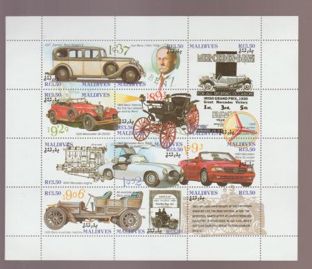 1993 Мальдивы Малый лист (Первый двигатель Ford, первый четырехколесный автомобиль Benz, Cent.) MNH №2025-2036