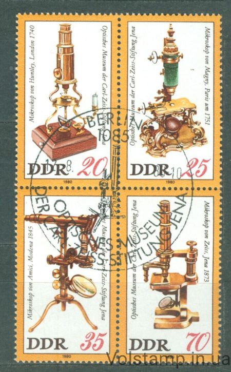 1980 ГДР Сцепка (Оптический музей Йена, микроскопы) Гашеная №2534-2537